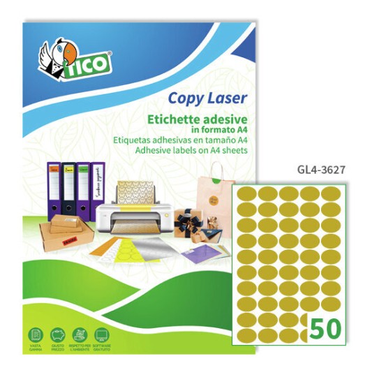 Etichette adesive in carta oro 36x27mm, 50 etichette per foglio GL4-3627 Contenuto: 5.000 Etichette / 100 Pagina