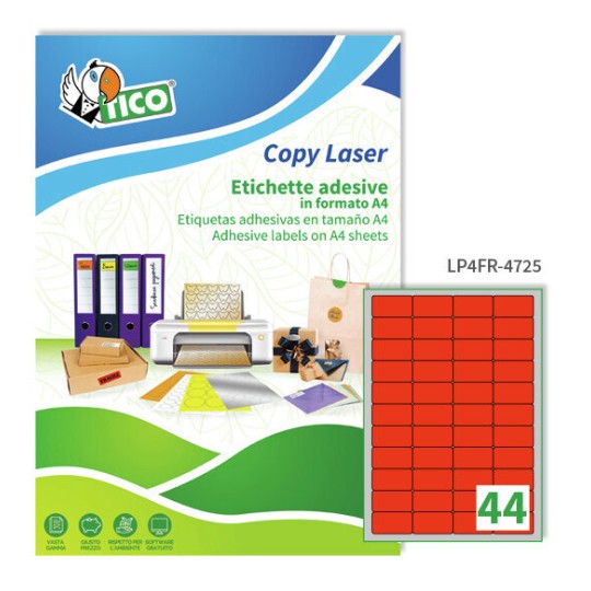 Etichette adesive fluorescenti rosse 47,5x25,5mm, 44 etichette per foglio LP4FR-4725 Contenuto: 3.080 Etichette / 70 Pagina