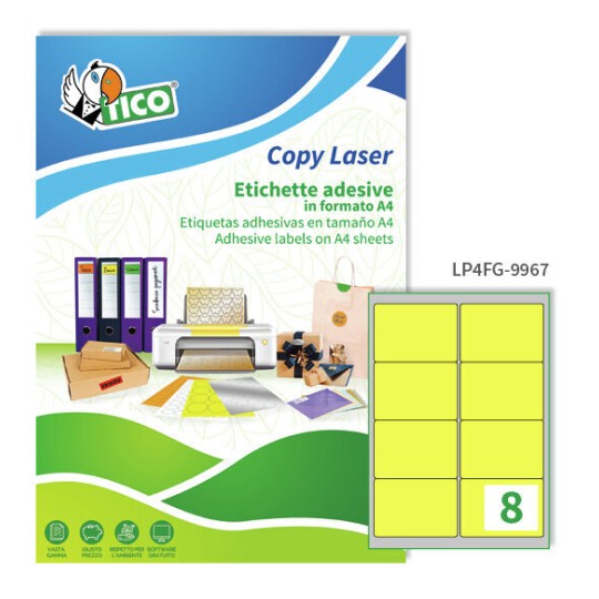 Etichette adesive fluorescenti gialle 99,1x67,7mm, 8 etichette per foglio LP4FG-9967 Contenuto: 560 Etichette / 70 Pagina