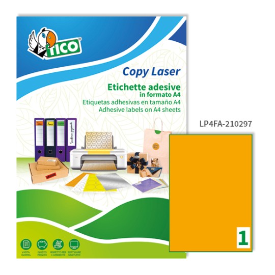 Etichette adesive fluorescenti arancio 210x297mm, 1 etichetta per foglio LP4FA-210297 Contenuto: 70 Etichette / 70 Pagina