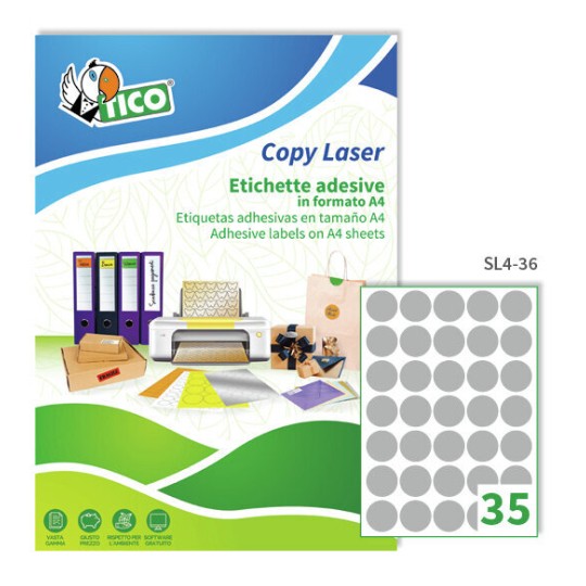 Etichette adesive in carta argento d. 36mm, 35 etichette per foglio SL4-36 Contenuto: 3.500 Etichette / 100 Pagina