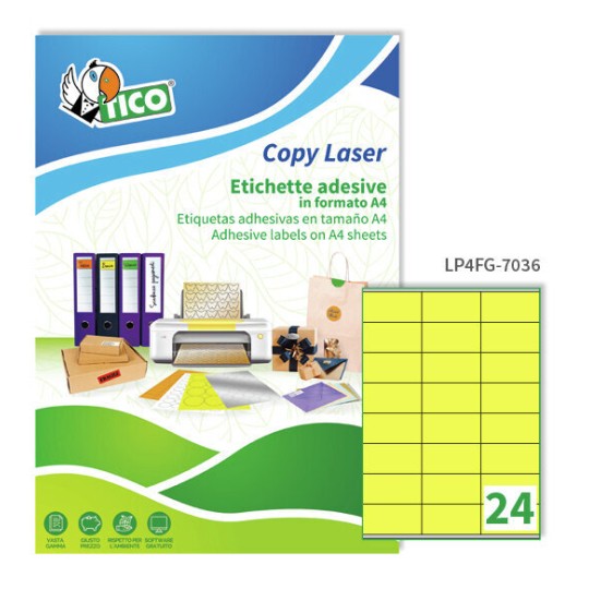 Etichette adesive fluorescenti gialle 70x36mm, 24 etichette per foglio LP4FG-7036 Contenuto: 1.680 Etichette / 70 Pagina