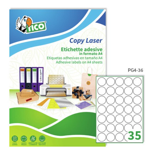 Etichette adesive bianche lucide d. 36mm, 35 etichette per foglio PG4-36 Contenuto: 3.500 Etichette / 100 Pagina