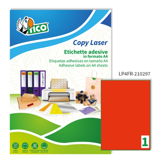 Etichette adesive fluorescenti rosse 210x297mm, 2 etichette per foglio LP4FR-210297 Contenuto: 140 Etichette / 70 Pagina