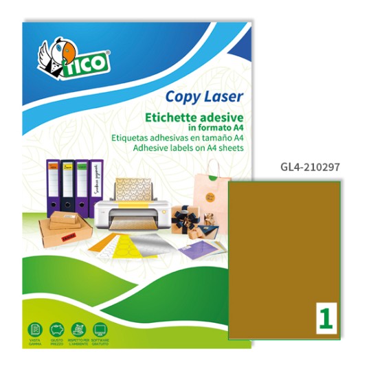 Etichette adesive in carta oro 210x297mm, 1 etichetta per foglio GL4-210297 Contenuto: 100 Etichette / 100 Pagina