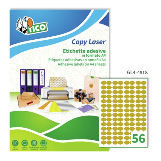 Etichette adesive in carta oro 48x18mm, 56 etichette per foglio GL4-4818 Contenuto: 5.600 Etichette / 100 Pagina