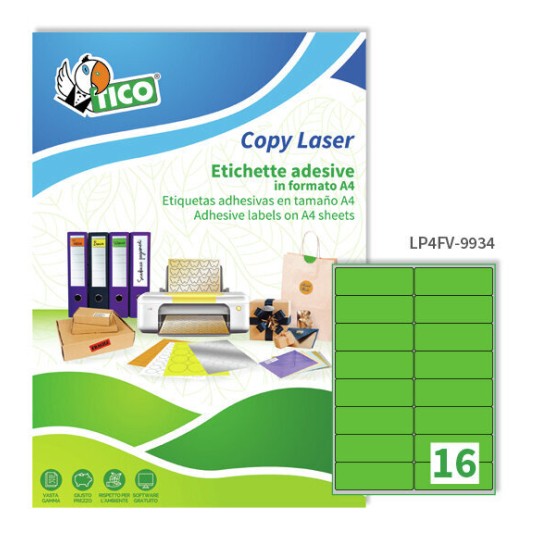 Etichette adesive fluorescenti verdi 99,1x34mm, 16 etichette per foglio LP4FV-9934 Contenuto: 1.120 Etichette / 70 Pagina