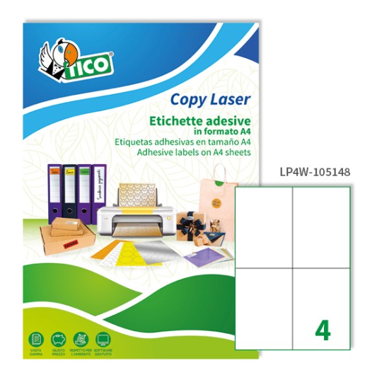 Etichette adesive bianche 105x148mm, 4 etichette per foglio LP4W-105148 Contenuto: 400 Etichette / 100 Pagina