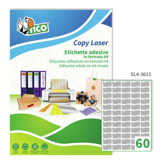 Etichette adesive in carta argento 36x21mm, 60 etichette per foglio SL4-3621 Contenuto: 6.000 Etichette / 100 Pagina