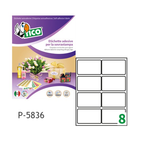 Etichette adesive bianche 58x36mm, 8 etichette per foglio P-5836 Contenuto: 2.000 Etichette / 250 Pagina