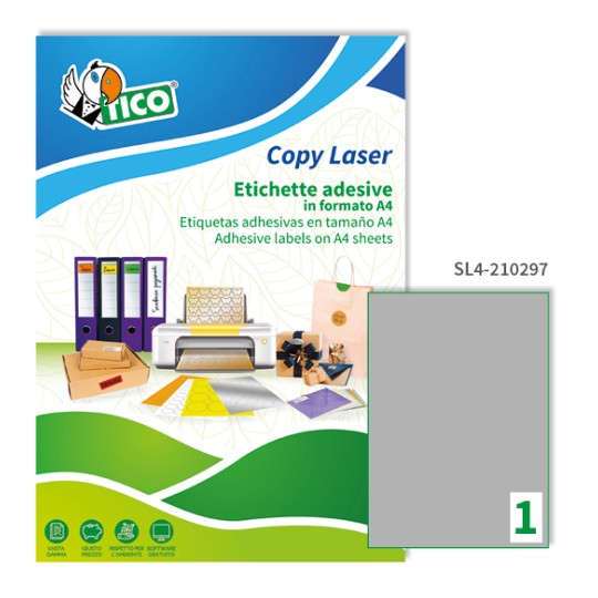 Etichette adesive in carta argento 210x297mm, 1 etichetta per foglio SL4-210297 Contenuto: 100 Etichette / 100 Pagina