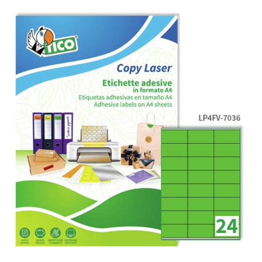 Etichette adesive fluorescenti verdi 70x36mm, 24 etichette per foglio LP4FV-7036 Contenuto: 1.680 Etichette / 70 Pagina