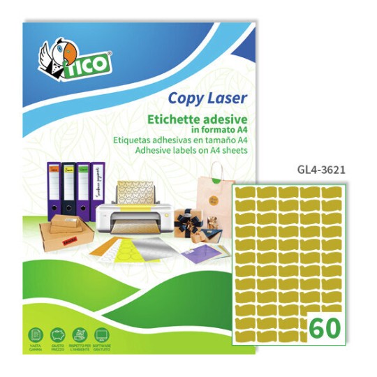 Etichette adesive in carta oro 36x21mm, 60 etichette per foglio GL4-3621 Contenuto: 6.000 Etichette / 100 Pagina