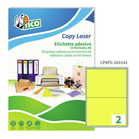 Etichette adesive fluorescenti gialle 200x142mm, 2 etichette per foglio LP4FG-200142 Contenuto: 140 Etichette / 70 Pagina