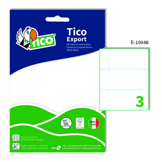 Etichette adesive in carta bianca 100x48mm, 3 etichette per foglio, E-10048