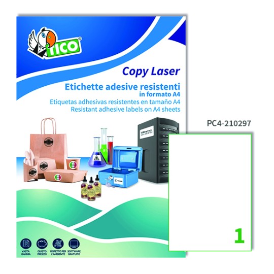 Etichette adesive trasparenti lucide 210x297mm, 1 etichetta per foglio, PC4-210297