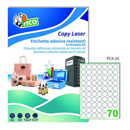 Etichette adesive trasparenti lucide d. 25mm, 70 etichette per foglio, PC4-25