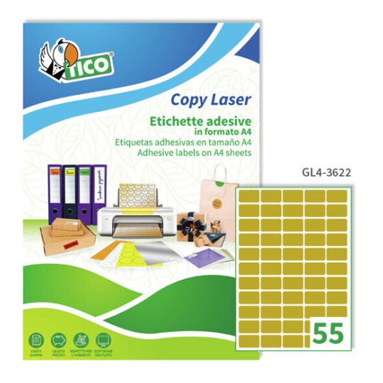 Etichette adesive in carta oro 36x22mm, 55 etichette per foglio GL4-3622 Contenuto: 5.500 Etichette / 100 Pagina