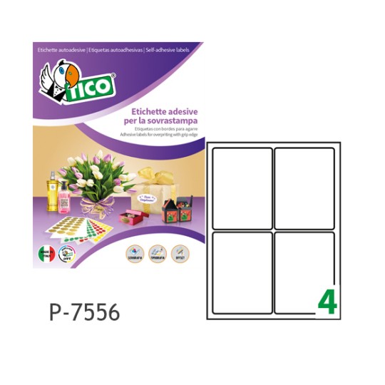 Etichette adesive bianche 75x56mm, 4 etichette per foglio P-7556 Contenuto: 1.000 Etichette / 250 Pagina