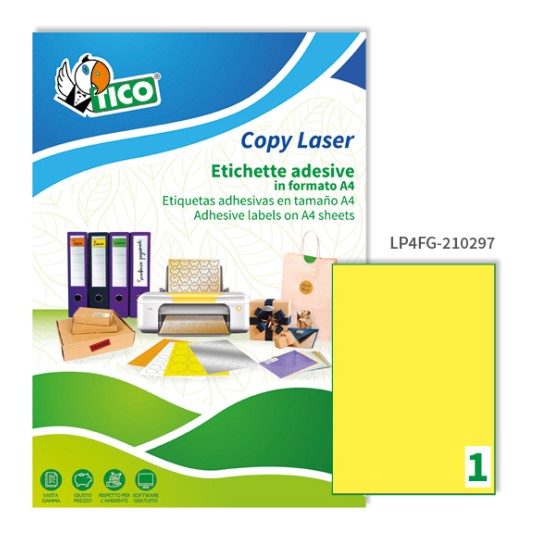 Etichette adesive fluorescenti gialle 210x297mm, 1 etichetta per foglio LP4FG-210297 Contenuto: 70 Etichette / 70 Pagina