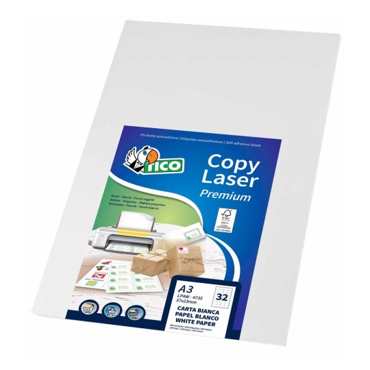Etichette adesive in carta bianca A3, 297x420mm, 1 etichetta per foglio LP3WP-297420