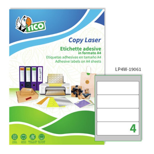 Etichette adesive bianche 190x61mm, 4 etichette per foglio LP4W-19061 Contenuto: 400 Etichette / 100 Pagina