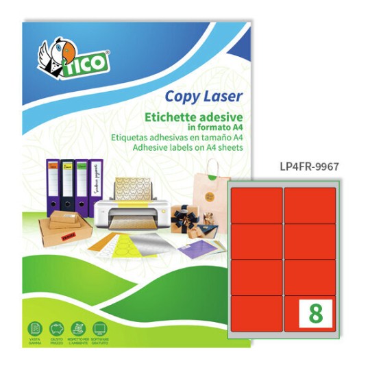 Etichette adesive fluorescenti rosse 99,1x67,7mm, 8 etichette per foglio LP4FR-9967 Contenuto: 560 Etichette / 70 Pagina