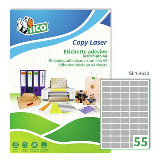 Etichette adesive in carta argento 36x22mm, 55 etichette per foglio SL4-3622 Contenuto: 5.500 Etichette / 100 Pagina