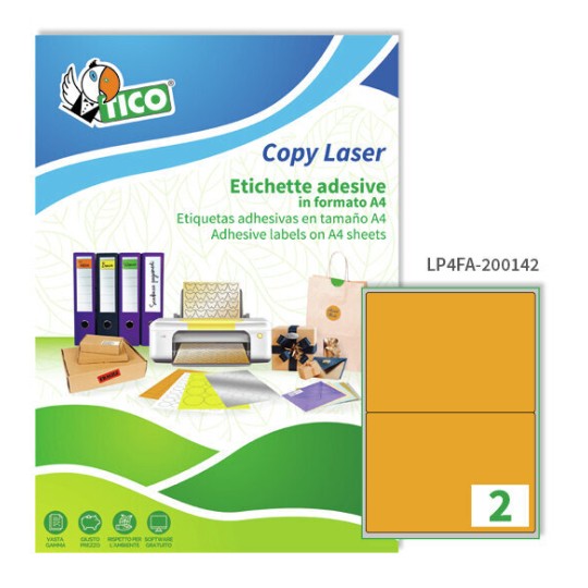 Etichette adesive fluorescenti arancio 200x142mm, 2 etichette per foglio LP4FA-200142 Contenuto: 140 Etichette / 70 Pagina