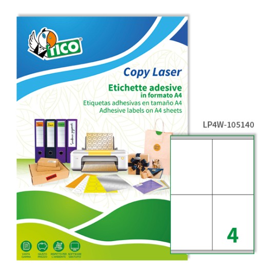 Etichette adesive bianche 105x140mm, 4 etichette per foglio LP4W-105140 Contenuto: 400 Etichette / 100 Fogli
