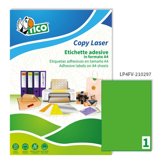 Etichette adesive fluorescenti verdi 210x297mm, 1 etichetta per foglio LP4FV-210297 Contenuto: 70 Etichette / 70 Pagina