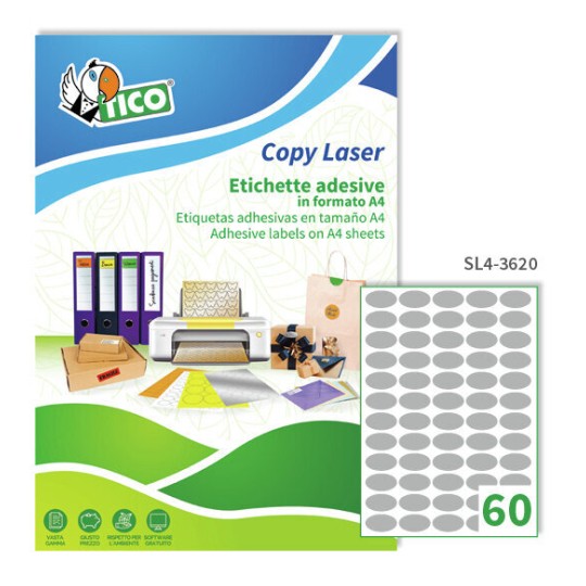 Etichette adesive in carta argento 36x20mm, 60 etichette per foglio SL4-3620 Contenuto: 6.000 Etichette / 100 Pagina