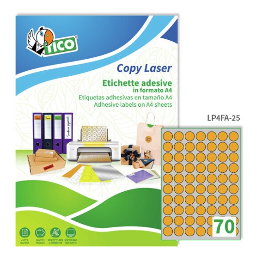 Etichette adesive fluorescenti arancio d. 25mm, 70 etichette per foglio LP4FA-25 Contenuto: 4.900 Etichette / 70 Pagina